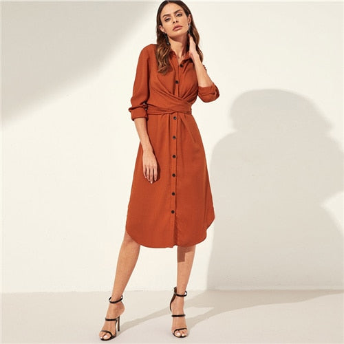 Orange Knot Back Curved Hem Shirt, Elegant Womens Midi Dress - SixtyKey new model design Dubai fashion style 2021 best price