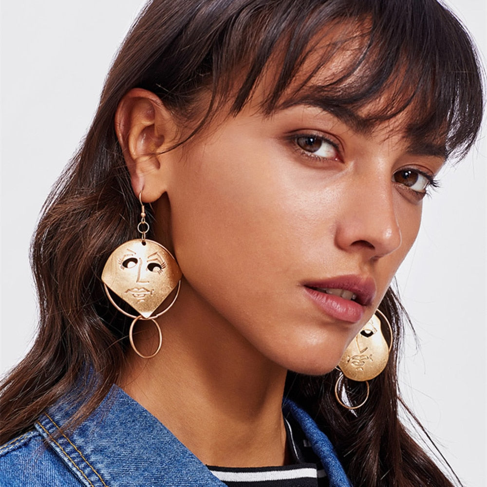 Long Big Loop Carved Face Mask Statement Earrings For Women /Vintage Gold Color Abstract Human Face Earring - SixtyKey new model design Dubai fashion style 2021 best price