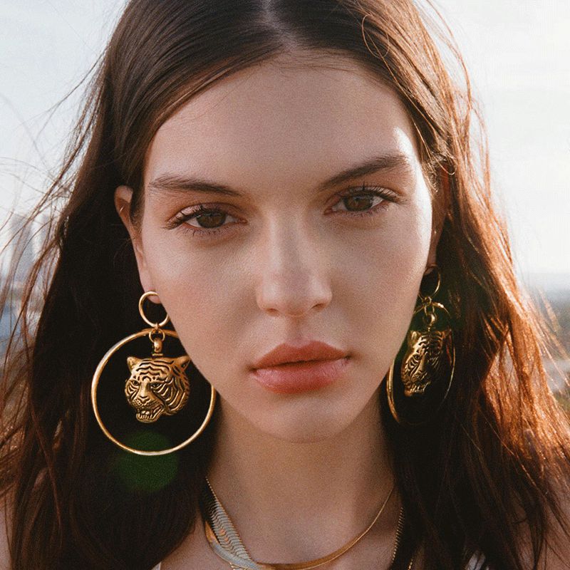 Gold Lion Circle Loop Dangle Earrings /Vintage Party Jewelry Lion Statement Earring - SixtyKey new model design Dubai fashion style 2021 best price