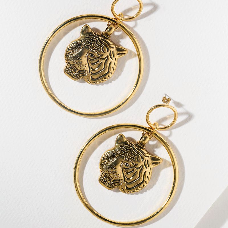 Gold Lion Circle Loop Dangle Earrings /Vintage Party Jewelry Lion Statement Earring - SixtyKey new model design Dubai fashion style 2021 best price