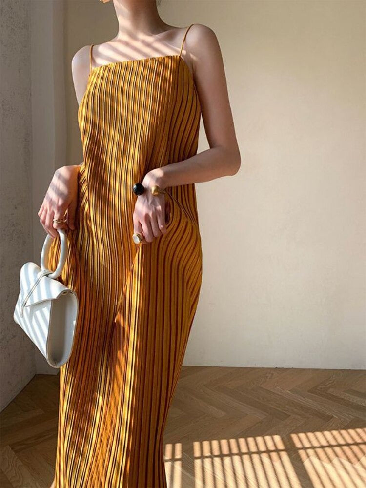 New Long Spaghetti Strap Dress Gold Pleated - SixtyKey new model design Dubai fashion style 2021 best price