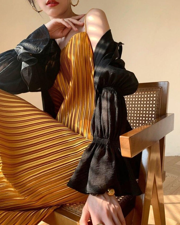 New Long Spaghetti Strap Dress Gold Pleated - SixtyKey new model design Dubai fashion style 2021 best price