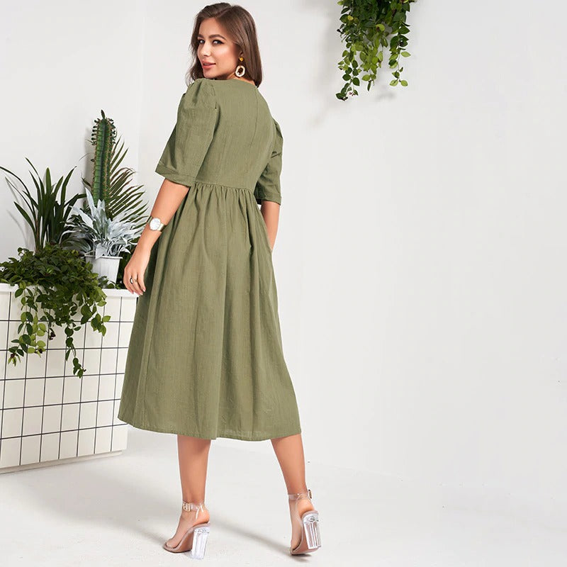 Vintage Loose Dress Pocket V Neck Green - SixtyKey new model design Dubai fashion style 2021 best price