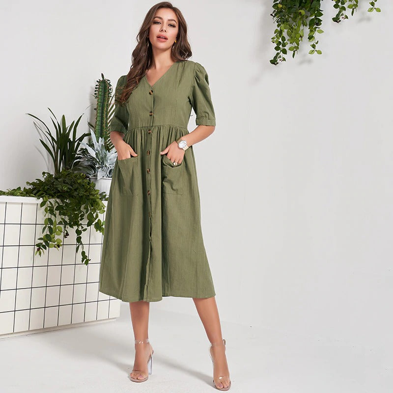 Vintage Loose Dress Pocket V Neck Green - SixtyKey new model design Dubai fashion style 2021 best price